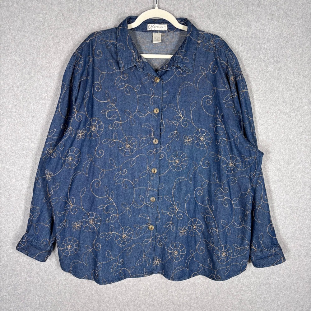 Dressbarn Floral‎ Embroidered Denim Shirt 3X Artsy Chambray Jean Cottage Granny